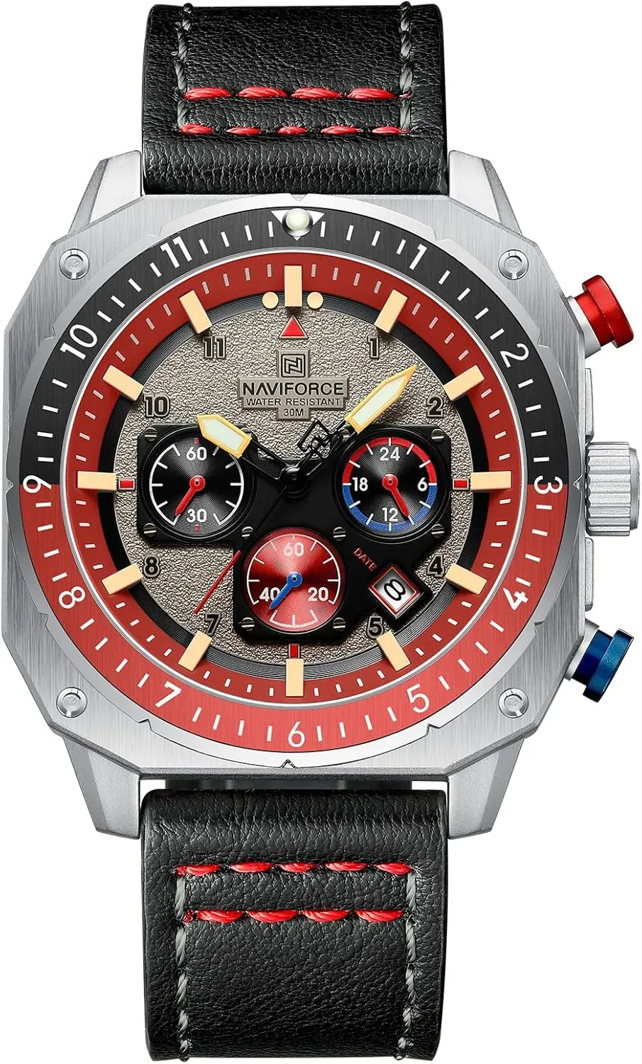 NAVIFORCE Men's Fashion Sport Watches Military Square Big Face Waterproof Chronograph Wristwatch with Luminous Hands,Leather Strap