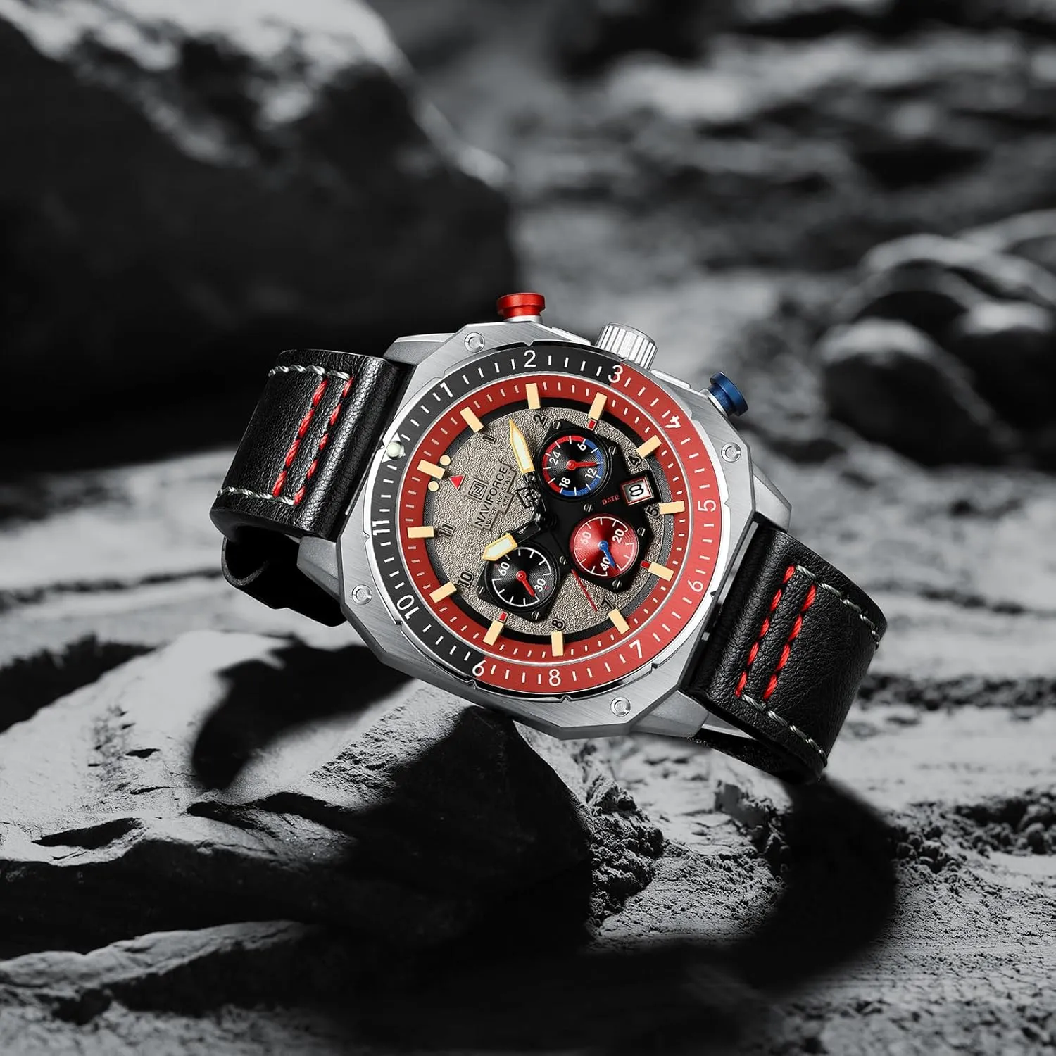 NAVIFORCE Men's Fashion Sport Watches Military Square Big Face Waterproof Chronograph Wristwatch with Luminous Hands,Leather Strap