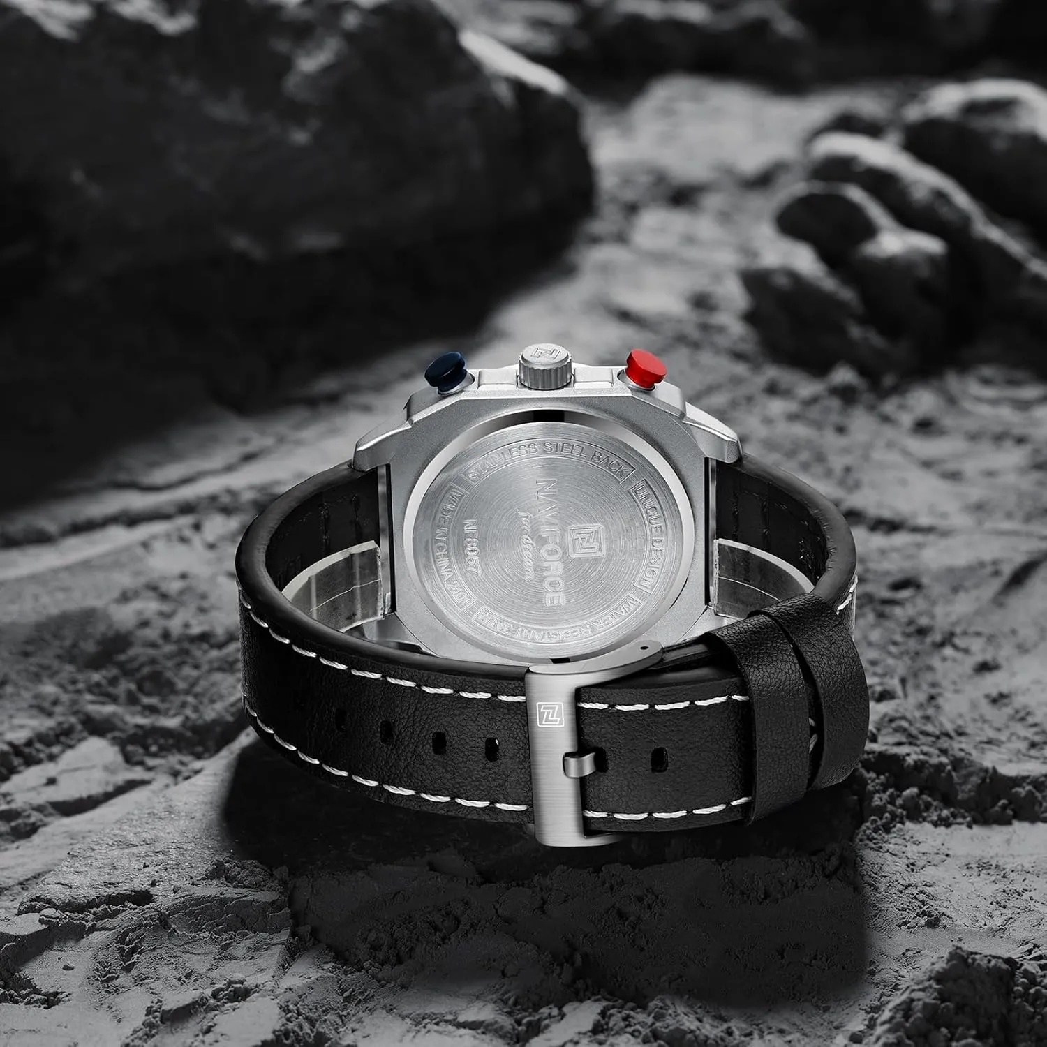 NAVIFORCE Men's Fashion Sport Watches Military Square Big Face Waterproof Chronograph Wristwatch with Luminous Hands,Leather Strap