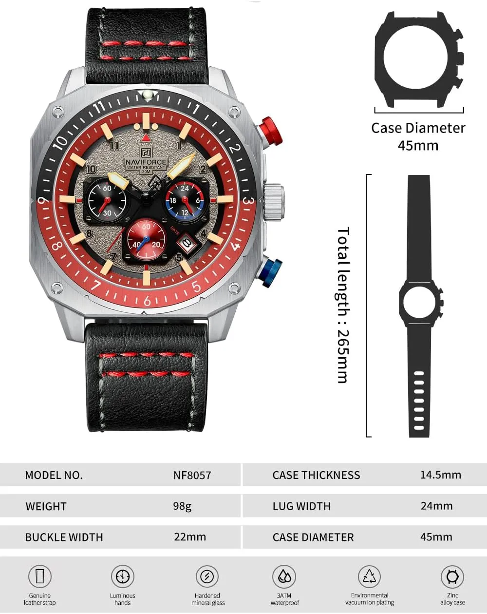 NAVIFORCE Men's Fashion Sport Watches Military Square Big Face Waterproof Chronograph Wristwatch with Luminous Hands,Leather Strap
