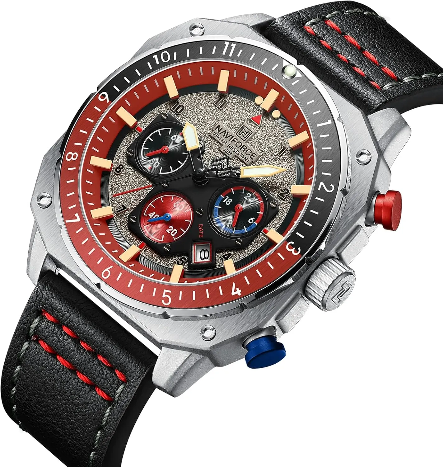 NAVIFORCE Men's Fashion Sport Watches Military Square Big Face Waterproof Chronograph Wristwatch with Luminous Hands,Leather Strap