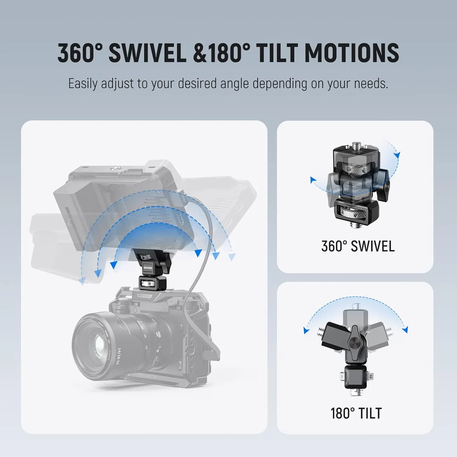 NEEWER Camera Monitor Mount with 3/8" ARRI Locating Thumbscrew, 1/4" Screw for 5" & 7" Monitor Compatible with Atomos Ninja V, 360° Swivel 180° Tilt Damping Adjustable, Compatible with SmallRig, MA004