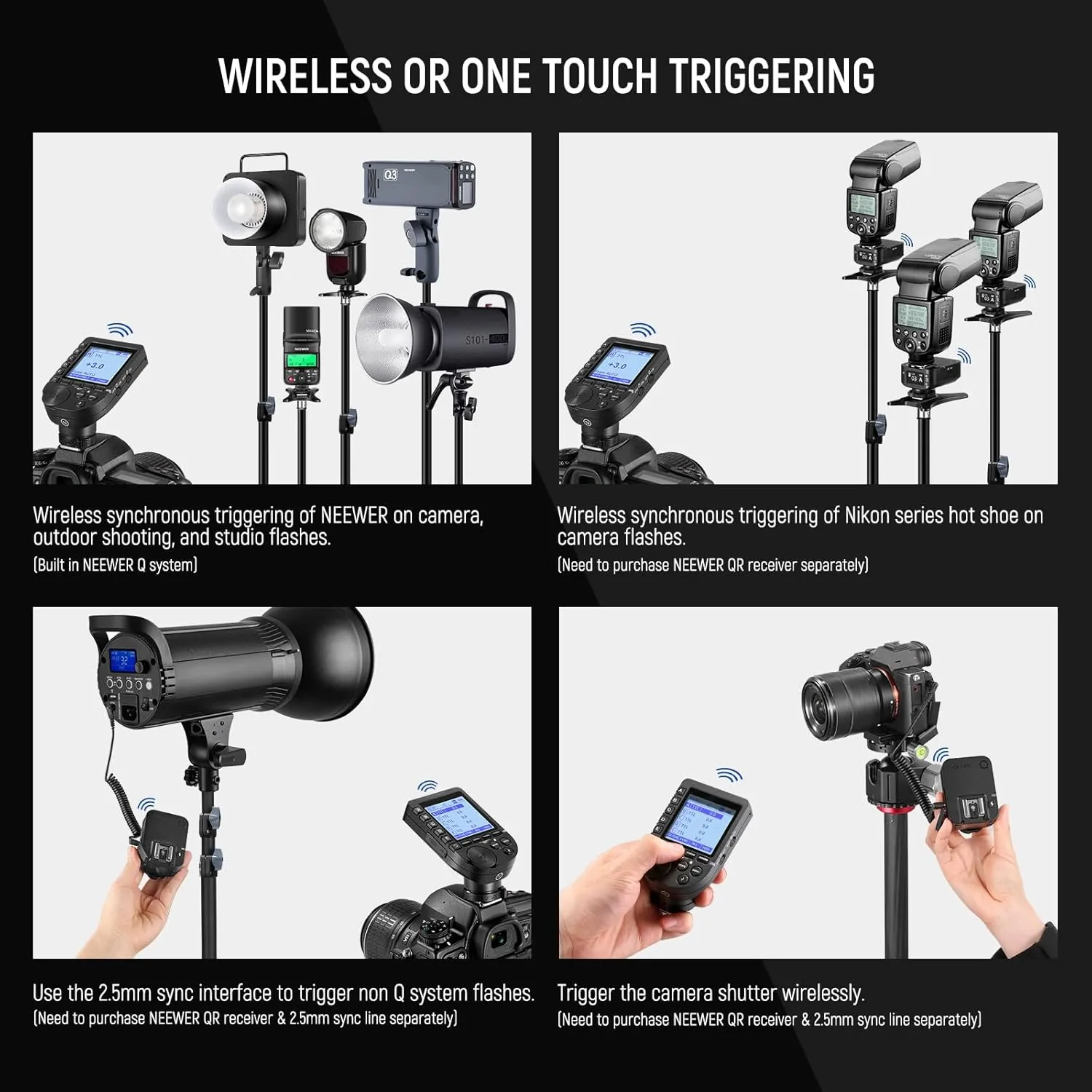 NEEWER Upgraded QPRO-N TTL Wireless Flash Trigger Compatible with Nikon 1/8000s HSS Large Screen Slanted Design 5 Group 9 Customizable Functions for Q4 Q3 Z2 Z1 Z760 NW760 S101-300W PRO/400W PRO
