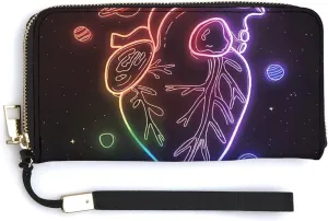 Neon Heart Pattern Wristlet Long Wallet Womens Purse Zip Clutch Large Capacity Leather Purse Credit Coin Purse