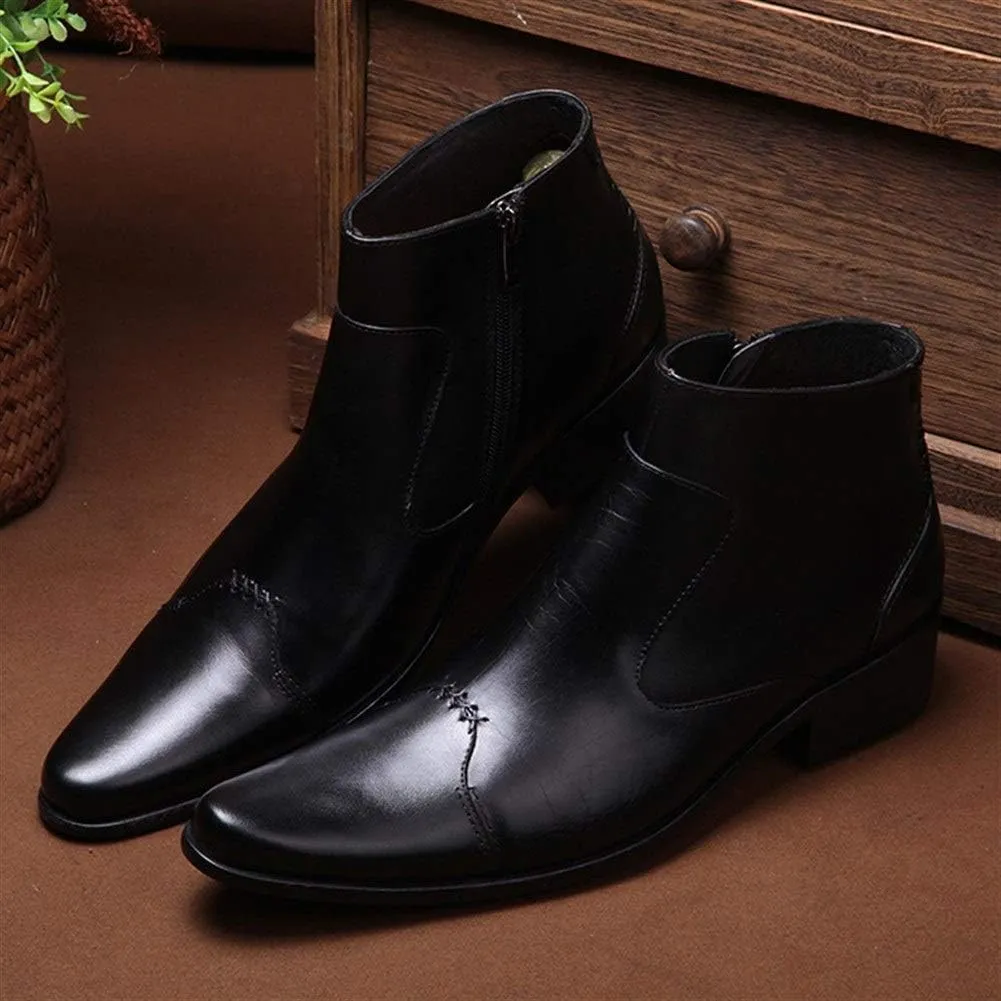 New Ankle Boots for Men Mens Pointed Zip High Top Boots Office Party Business Holiday for Club Genuine Leather The First Layer of Cowhide
