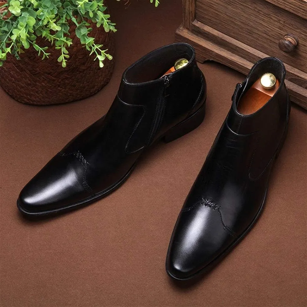 New Ankle Boots for Men Mens Pointed Zip High Top Boots Office Party Business Holiday for Club Genuine Leather The First Layer of Cowhide