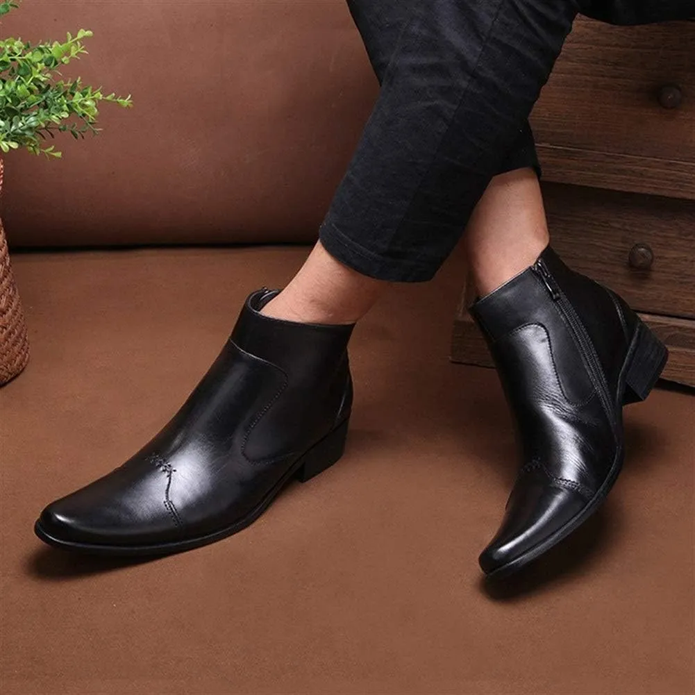 New Ankle Boots for Men Mens Pointed Zip High Top Boots Office Party Business Holiday for Club Genuine Leather The First Layer of Cowhide
