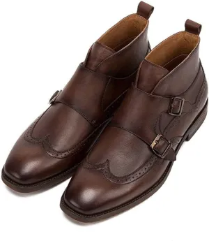New Ankle Boots for Men Square Toe Monk Strap Ankle Boots for Men Business Holiday Party Show for Office The First Layer of Cowhide(Coffee,5)