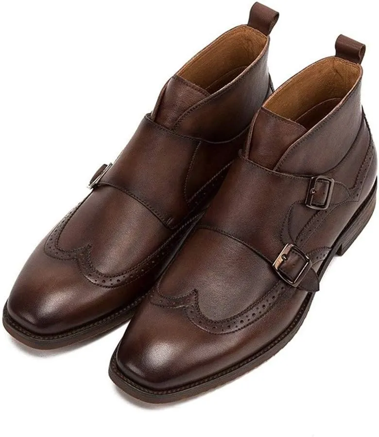 New Ankle Boots for Men Square Toe Monk Strap Ankle Boots for Men Business Holiday Party Show for Office The First Layer of Cowhide(Coffee,5)