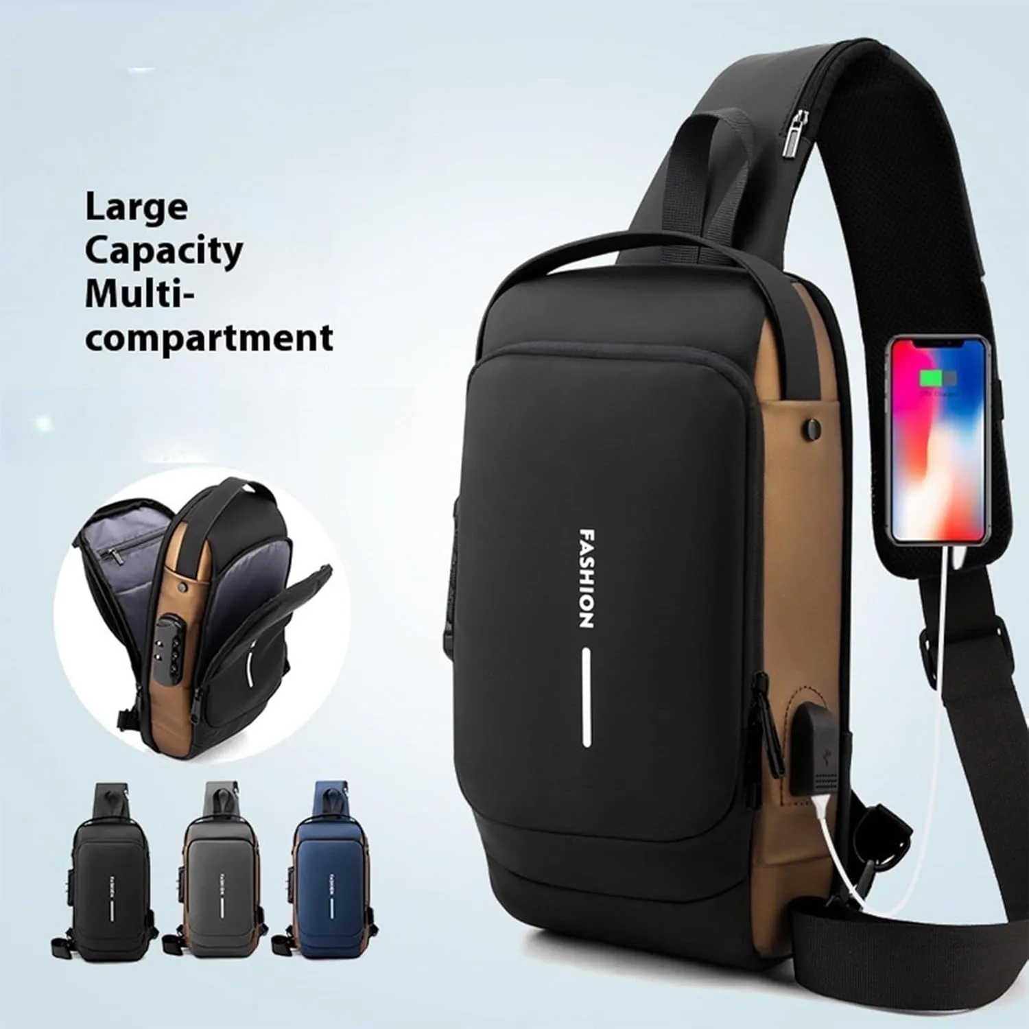 New Carbon Fiber Streamline Anti-Theft Sling Bag, USB Charging Waterproof Crossbody Backpack for Travel Gym Sports (Blue)