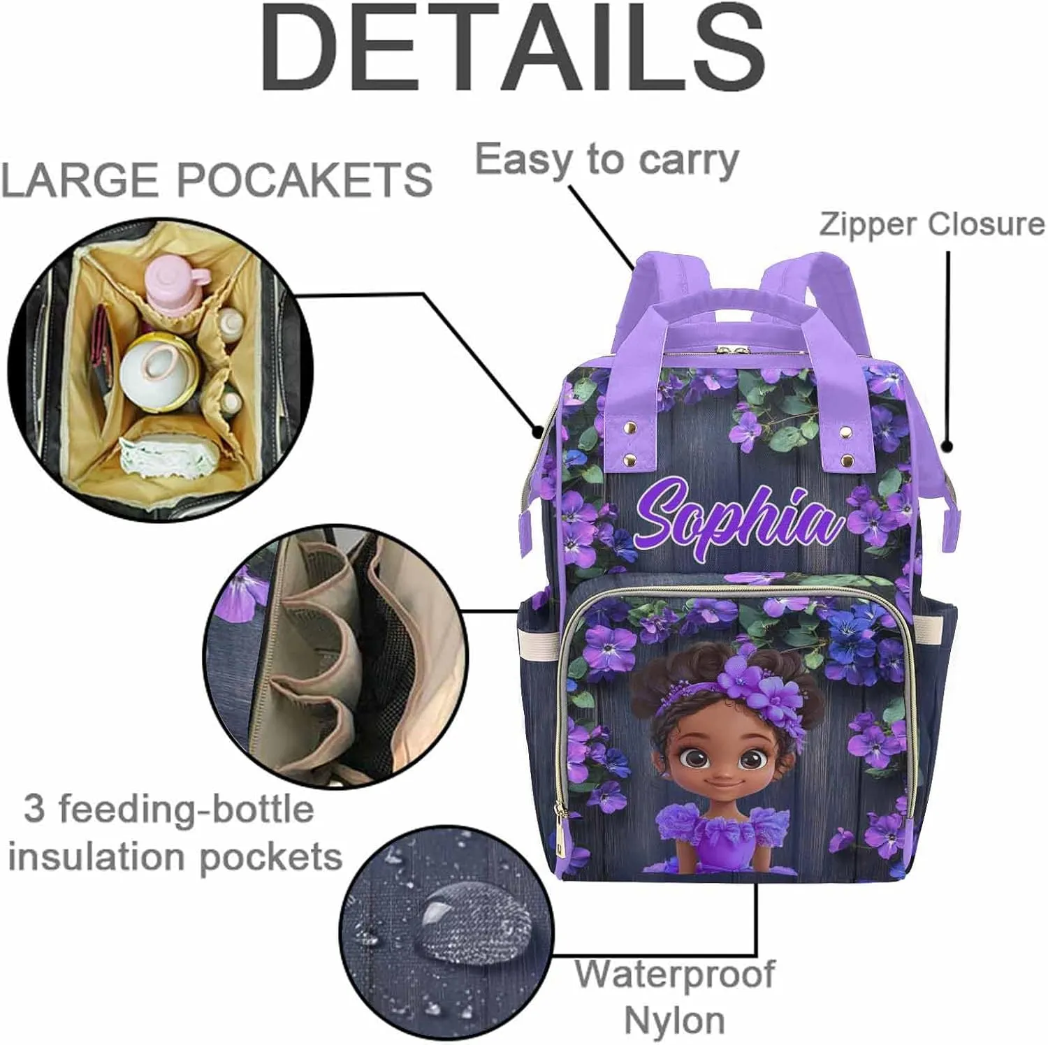 Newcos Custom Diaper Bag for Baby Women, Personalized Name Nursing Bags Mommy Daypack, Customized Backpack Diaper Bags with Flower for Baby Women New Mom Picnic Travel Purple