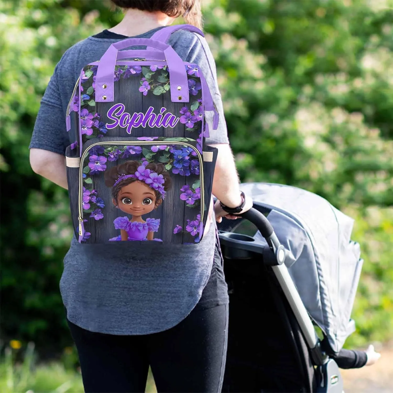 Newcos Custom Diaper Bag for Baby Women, Personalized Name Nursing Bags Mommy Daypack, Customized Backpack Diaper Bags with Flower for Baby Women New Mom Picnic Travel Purple