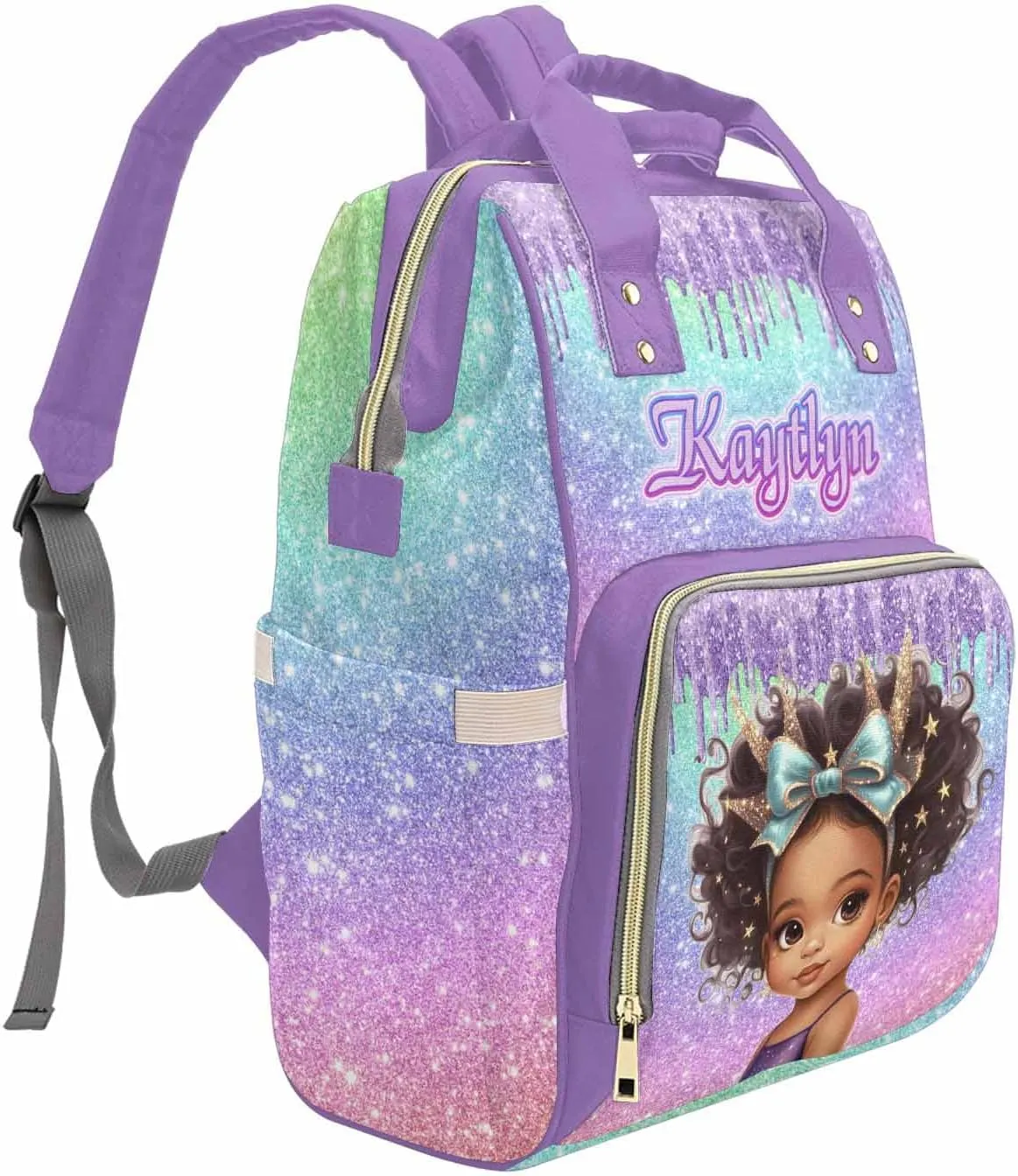 Newcos Custom Diaper Bag with Name, Personalized Travel Back Pack for Baby Women Wife, Customized Waterproof sparkly Backpack Large Capacity Nappy Bag for Travel Picnic Mom Purple