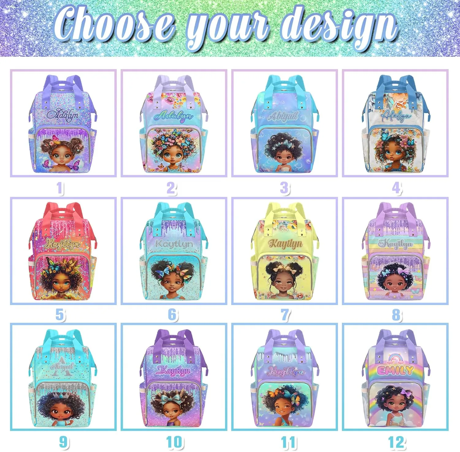 Newcos Custom Diaper Bag with Name, Personalized Travel Back Pack for Baby Women Wife, Customized Waterproof sparkly Backpack Large Capacity Nappy Bag for Travel Picnic Mom Purple