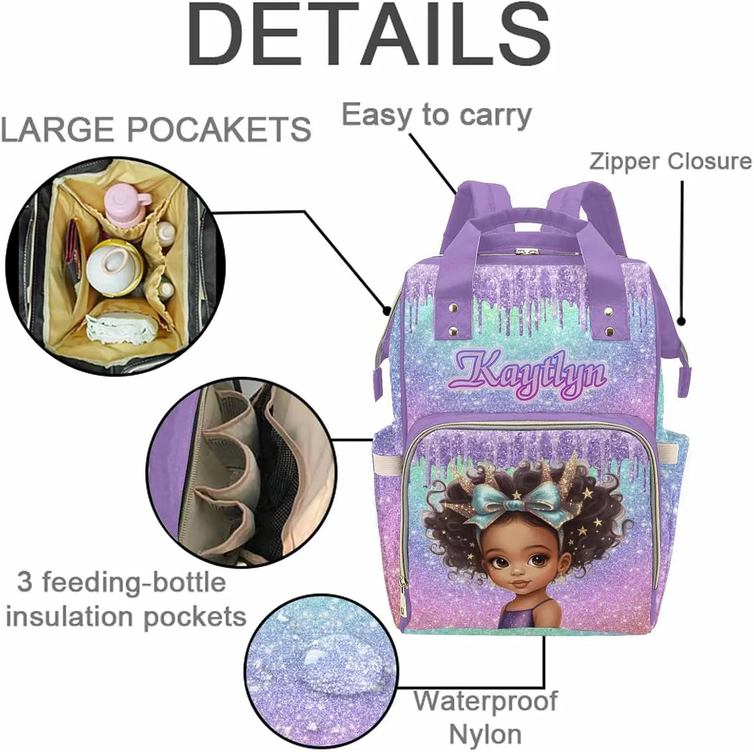 Newcos Custom Diaper Bag with Name, Personalized Travel Back Pack for Baby Women Wife, Customized Waterproof sparkly Backpack Large Capacity Nappy Bag for Travel Picnic Mom Purple