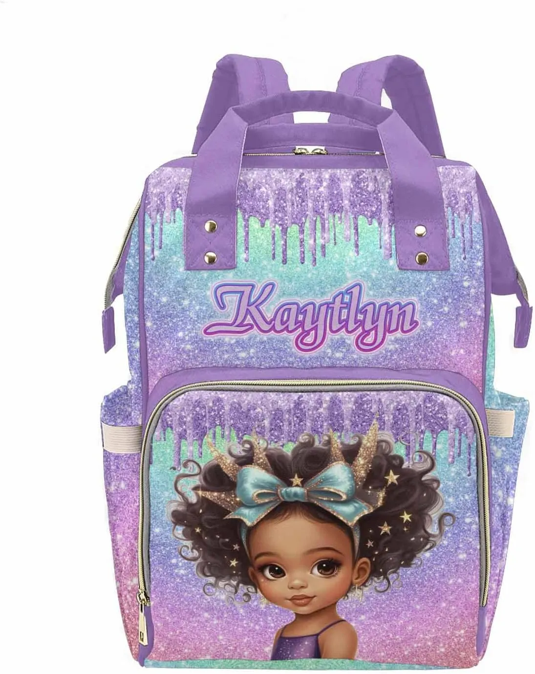 Newcos Custom Diaper Bag with Name, Personalized Travel Back Pack for Baby Women Wife, Customized Waterproof sparkly Backpack Large Capacity Nappy Bag for Travel Picnic Mom Purple