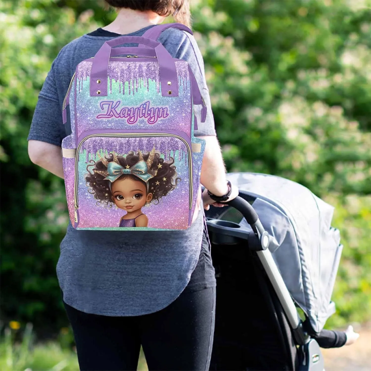 Newcos Custom Diaper Bag with Name, Personalized Travel Back Pack for Baby Women Wife, Customized Waterproof sparkly Backpack Large Capacity Nappy Bag for Travel Picnic Mom Purple