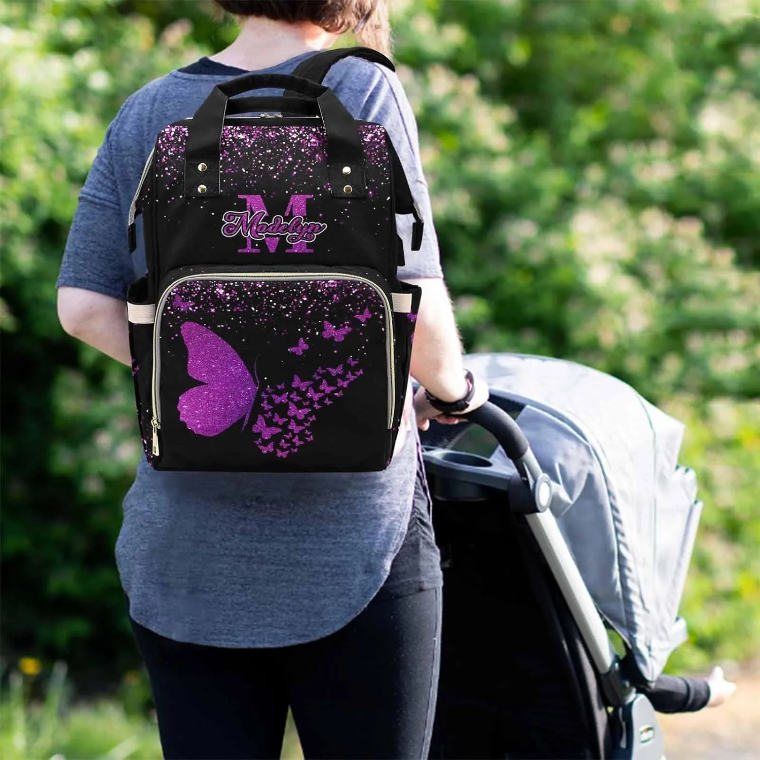 Newcos Custom Name Baby Bags, Personalized Diaper Bag Backpack for Baby Men Mom, Customized Large Capacity Butterfly Mommy Backpack Bags for Women Men New Mom Picnic Pink