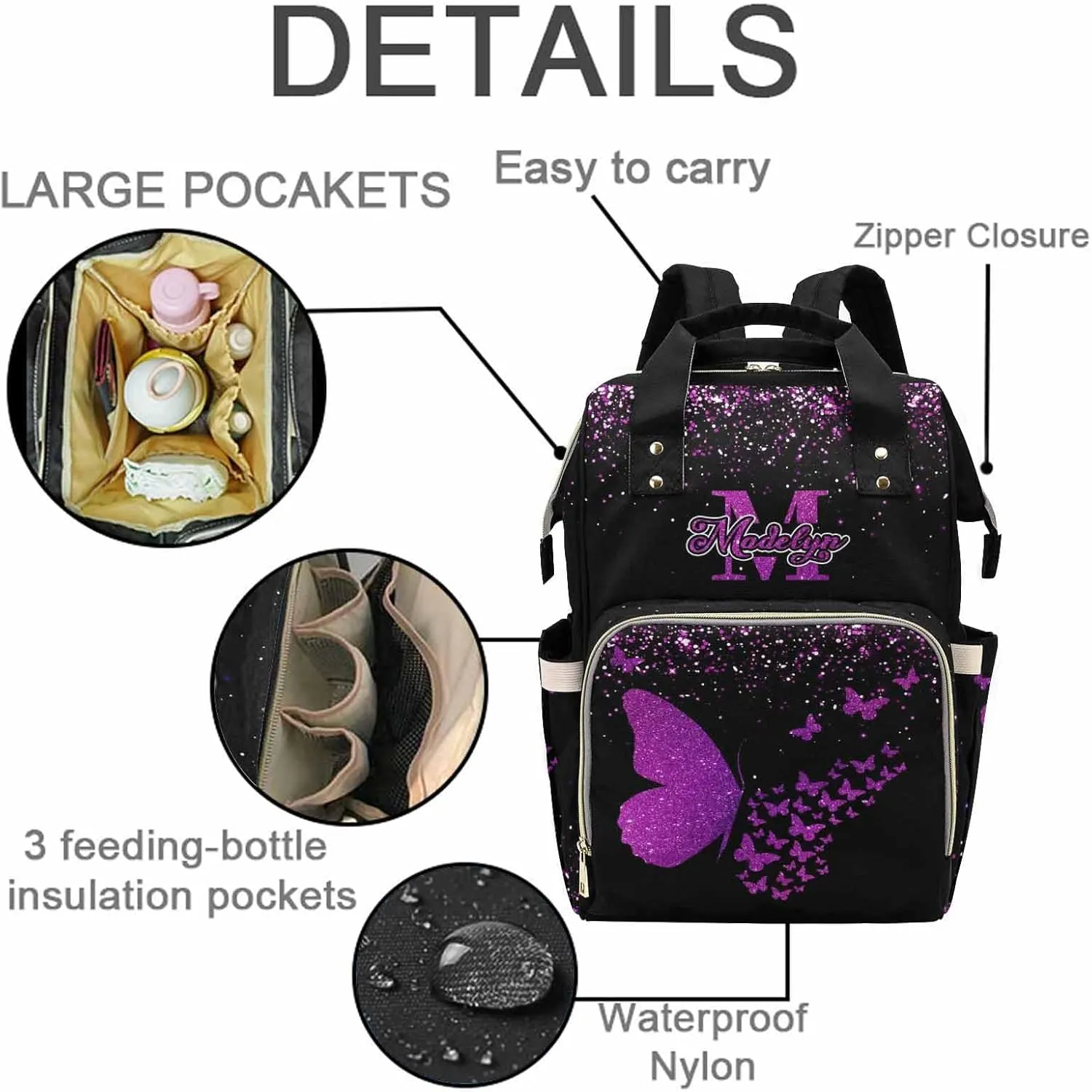 Newcos Custom Name Baby Bags, Personalized Diaper Bag Backpack for Baby Men Mom, Customized Large Capacity Butterfly Mommy Backpack Bags for Women Men New Mom Picnic Pink