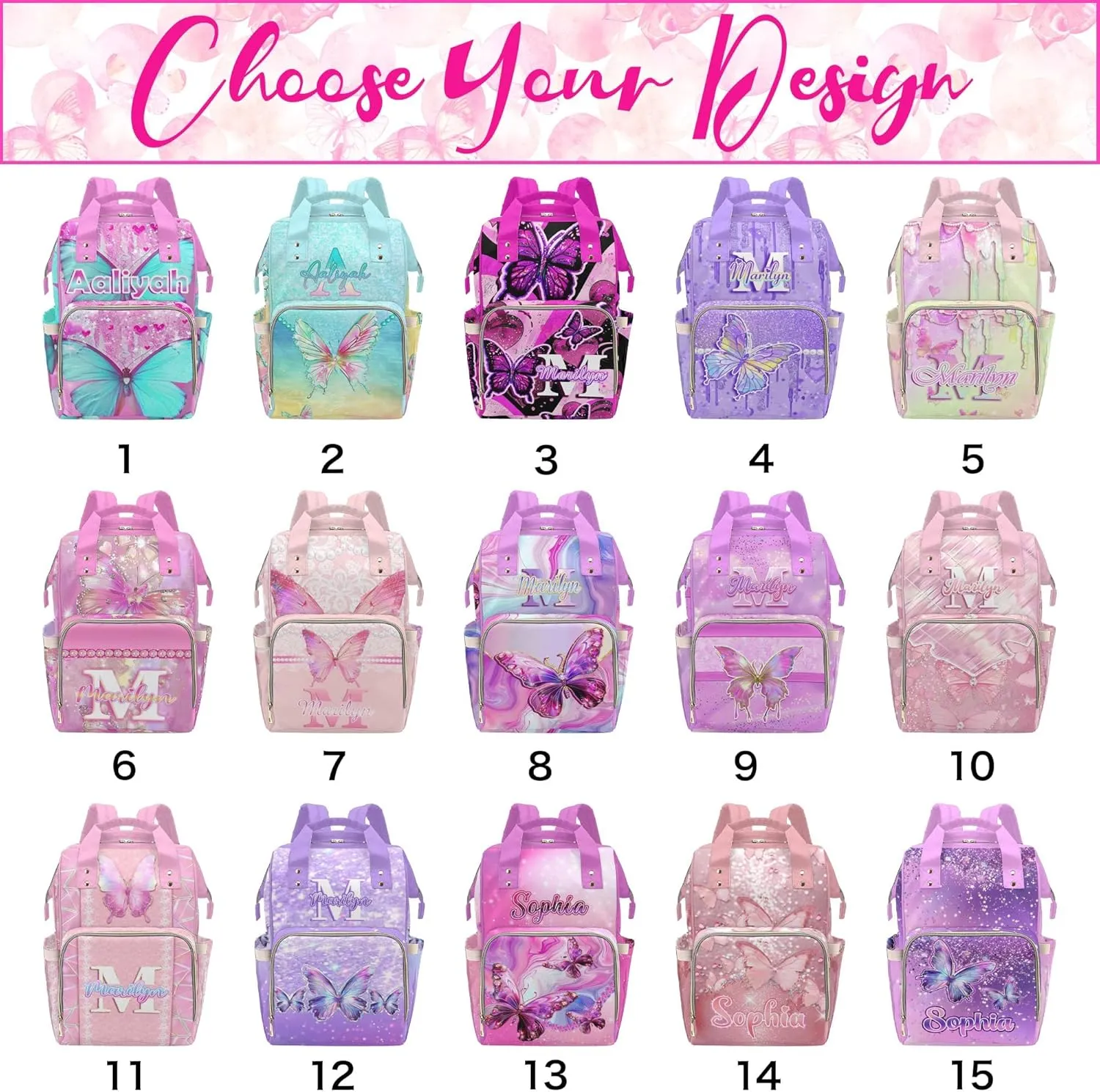 Newcos Custom Name Baby Bags, Personalized Diaper Bag Backpack for Baby Men Mom, Customized Large Capacity Butterfly Mommy Backpack Bags for Women Men New Mom Picnic Pink
