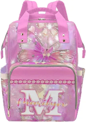 Newcos Custom Name Baby Bags, Personalized Diaper Bag Backpack for Baby Men Mom, Customized Large Capacity Butterfly Mommy Backpack Bags for Women Men New Mom Picnic Pink