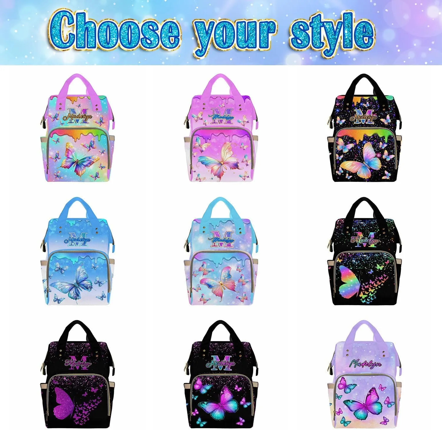 Newcos Personalized Butterfly Diaper Bag for Women, Custom Name Nursing Mommy Daypack, Diaper Bags Backpack Customized for Baby New Mom Women Picnic Travel Black