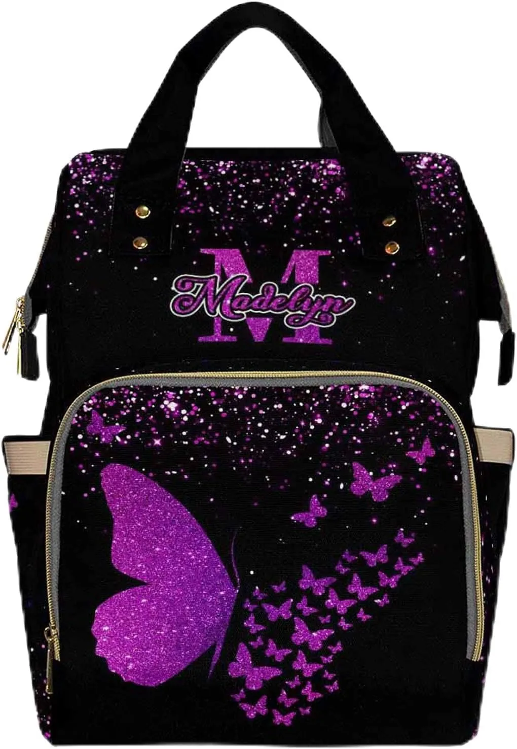 Newcos Personalized Butterfly Diaper Bag for Women, Custom Name Nursing Mommy Daypack, Diaper Bags Backpack Customized for Baby New Mom Women Picnic Travel Black