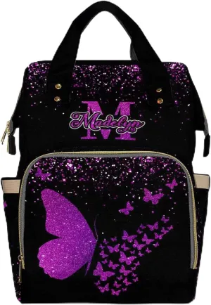 Newcos Personalized Butterfly Diaper Bag for Women, Custom Name Nursing Mommy Daypack, Diaper Bags Backpack Customized for Baby New Mom Women Picnic Travel Black