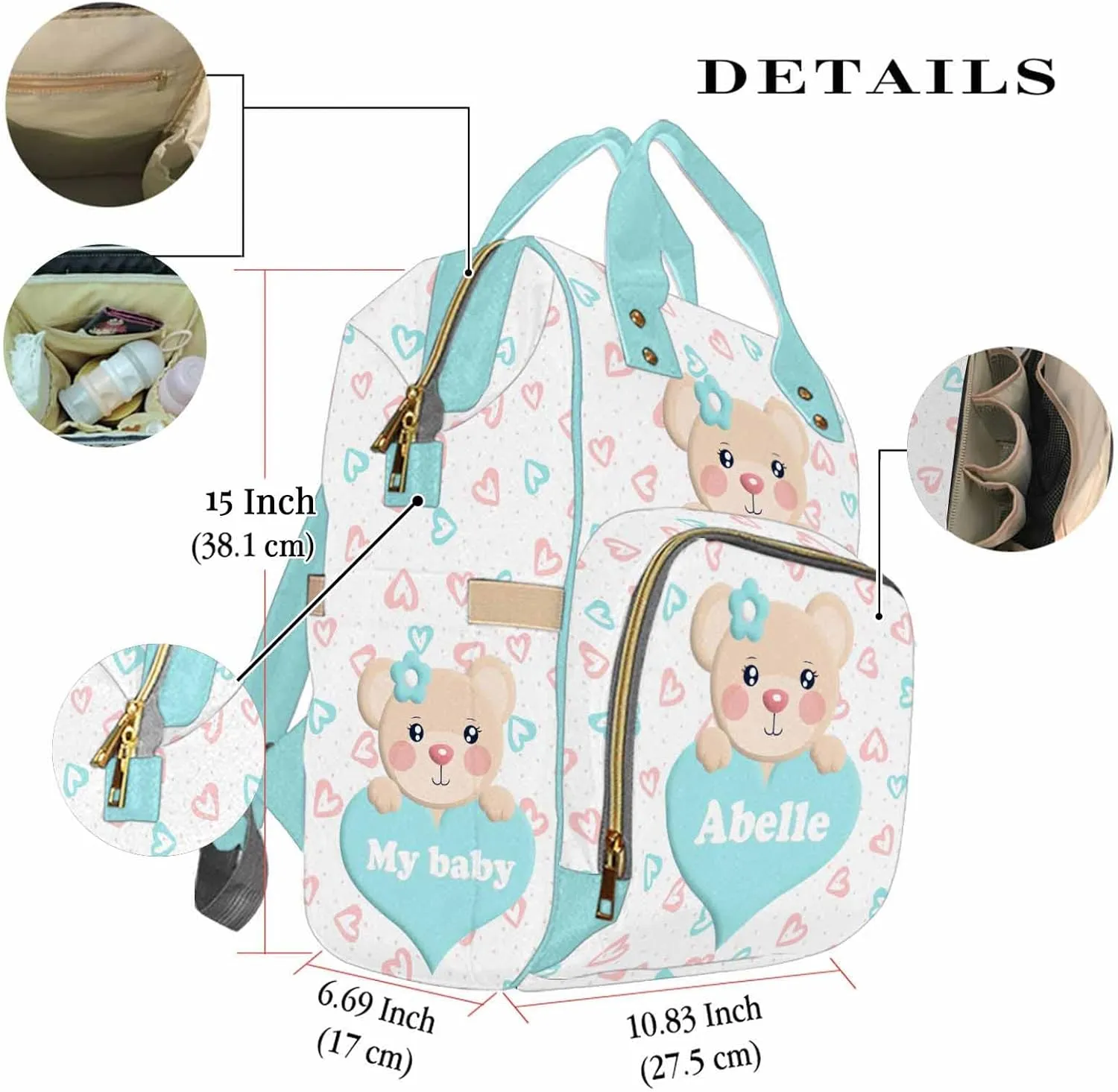 Newcos Personalized Cute Diaper Bag with Name, Customized Multifunction Mommy Nursing Daypack with Insulated Pocket for Holiday
