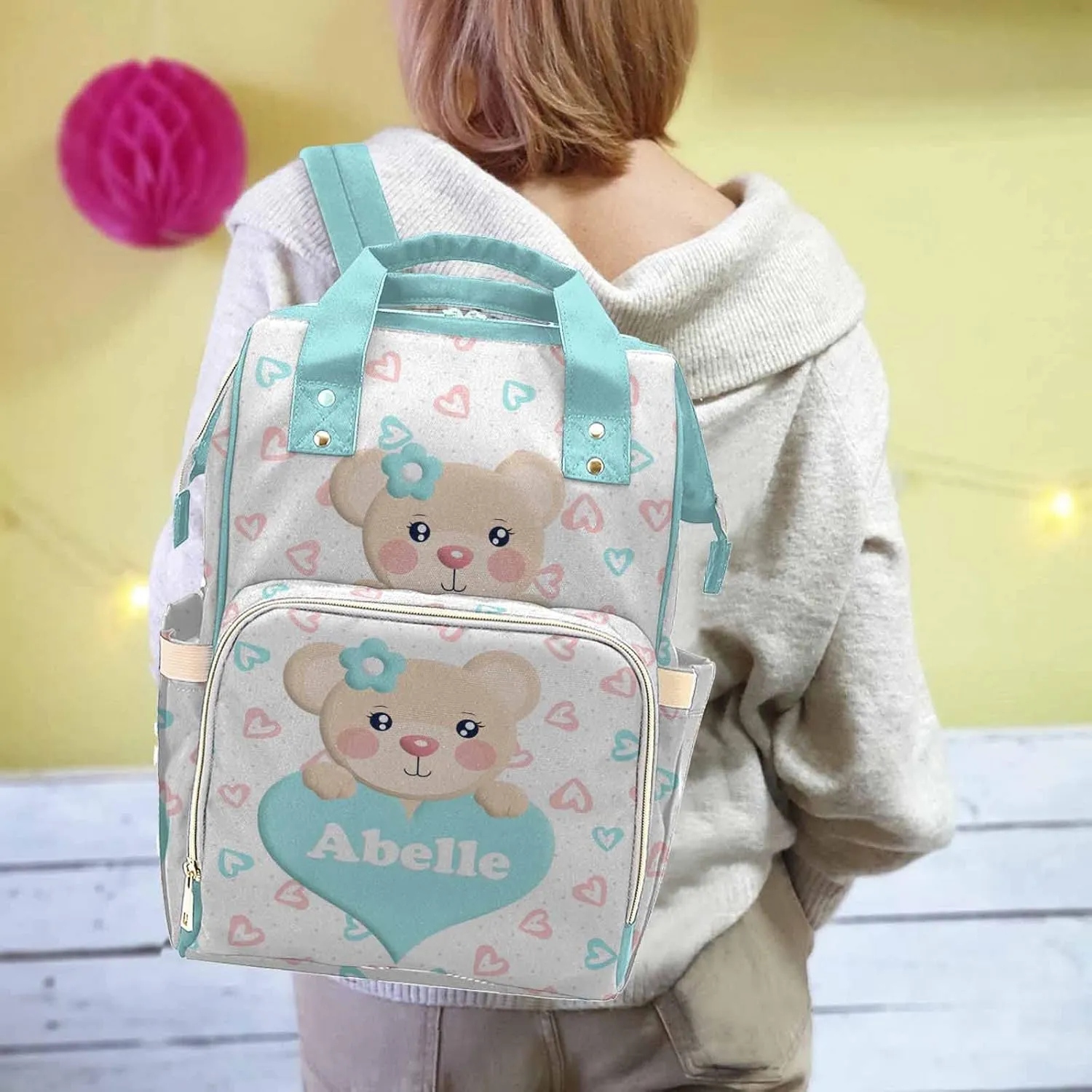 Newcos Personalized Cute Diaper Bag with Name, Customized Multifunction Mommy Nursing Daypack with Insulated Pocket for Holiday