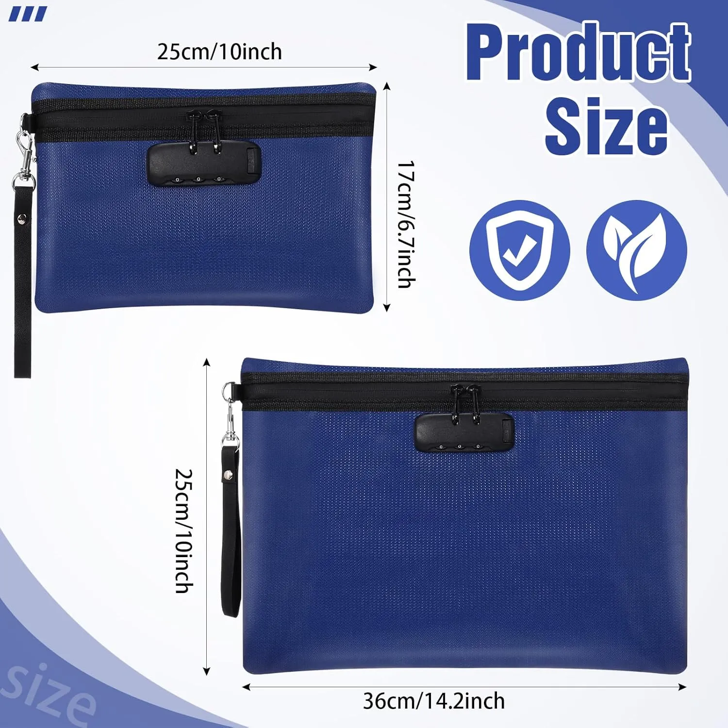 Nezyo Fireproof Safe Money Document Bag with Lock 2 Pcs Notary Journal Waterproof Bag with Zipper for A4 Storage Pouch File Passport Tablet, 14 x 10 Inch and 6.7 x 10 Inch(Blue)