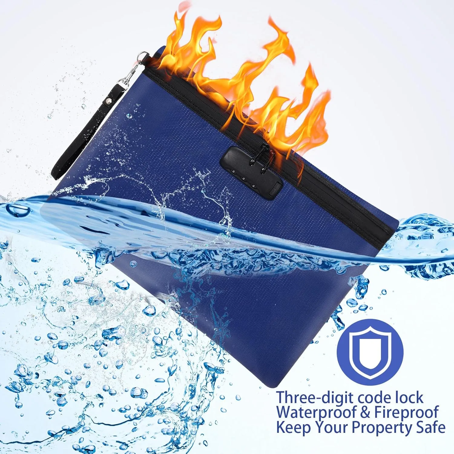 Nezyo Fireproof Safe Money Document Bag with Lock 2 Pcs Notary Journal Waterproof Bag with Zipper for A4 Storage Pouch File Passport Tablet, 14 x 10 Inch and 6.7 x 10 Inch(Blue)