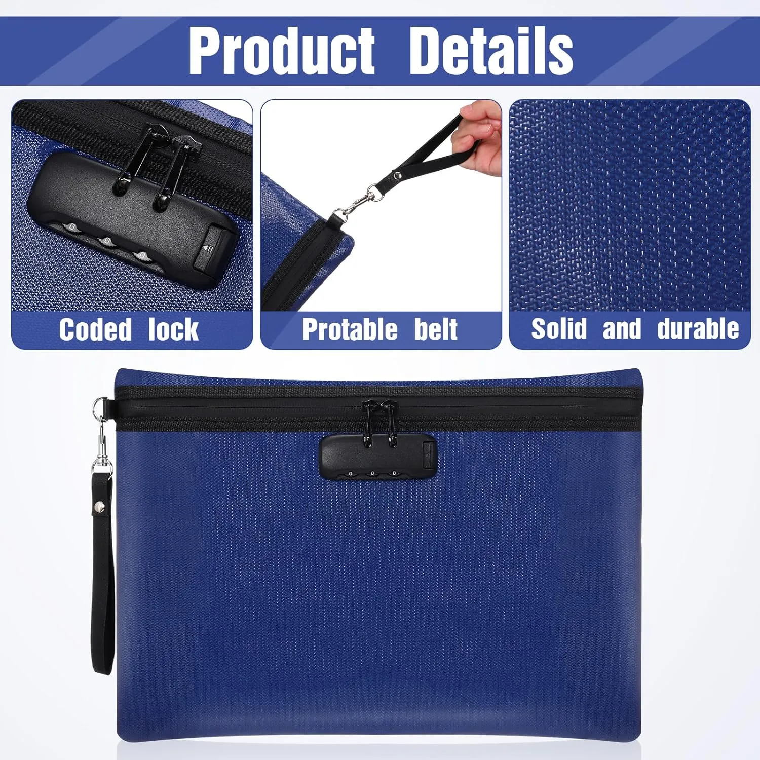 Nezyo Fireproof Safe Money Document Bag with Lock 2 Pcs Notary Journal Waterproof Bag with Zipper for A4 Storage Pouch File Passport Tablet, 14 x 10 Inch and 6.7 x 10 Inch(Blue)