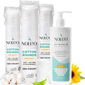 Noleo 3in1 Diaper Care with Organic Cotton Rounds - 300ct Lint Free Small Cotton Rounds - 8oz All-in-One Baby Cleanser, Lotion & Diaper Rash Cream