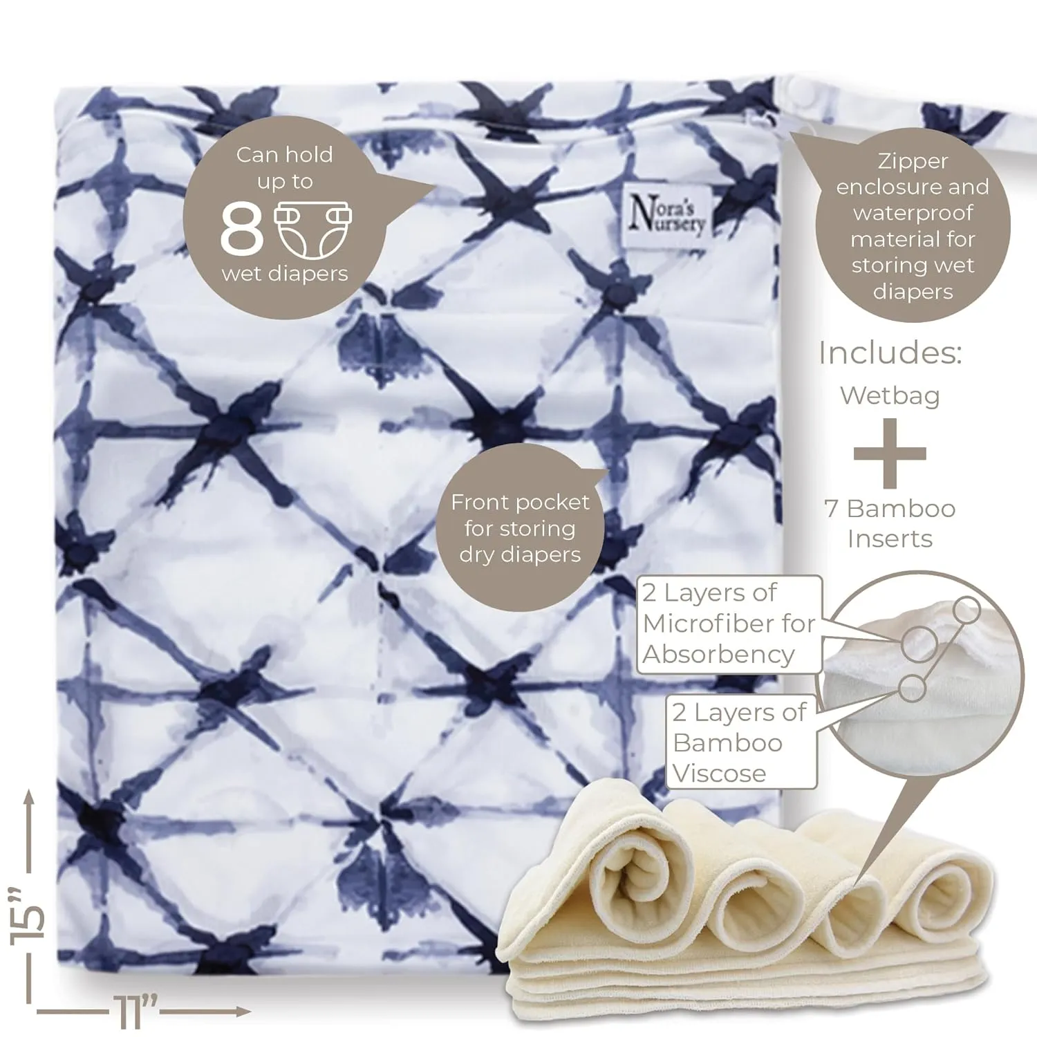 Nora's Nursery Cloth Diapers 7 Pack with 7 Inserts & 1 Wet Bag - Waterproof Cover, Washable, Reusable & One Size Adjustable Pocket Diapers for Newborns and Toddlers - Down to Earth