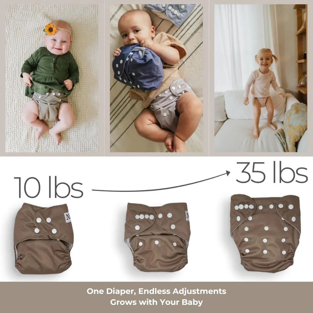 Nora's Nursery Cloth Diapers 7 Pack with 7 Inserts & 1 Wet Bag - Waterproof Cover, Washable, Reusable & One Size Adjustable Pocket Diapers for Newborns and Toddlers - Down to Earth