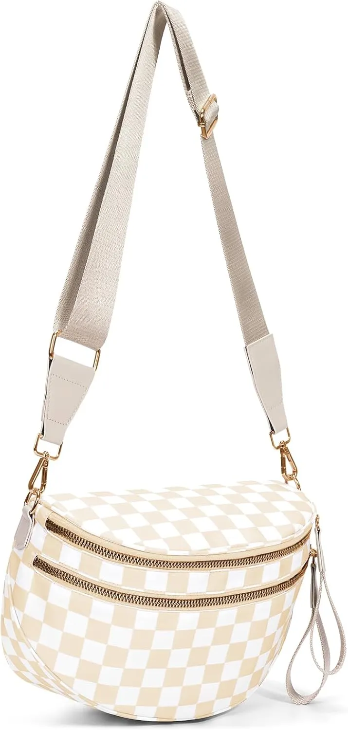 Nylon Crossbody Bag for Women,Checkered Bum Bag Checkered Black and White Handbags Wallets Oversized Slouchy Belt Bag