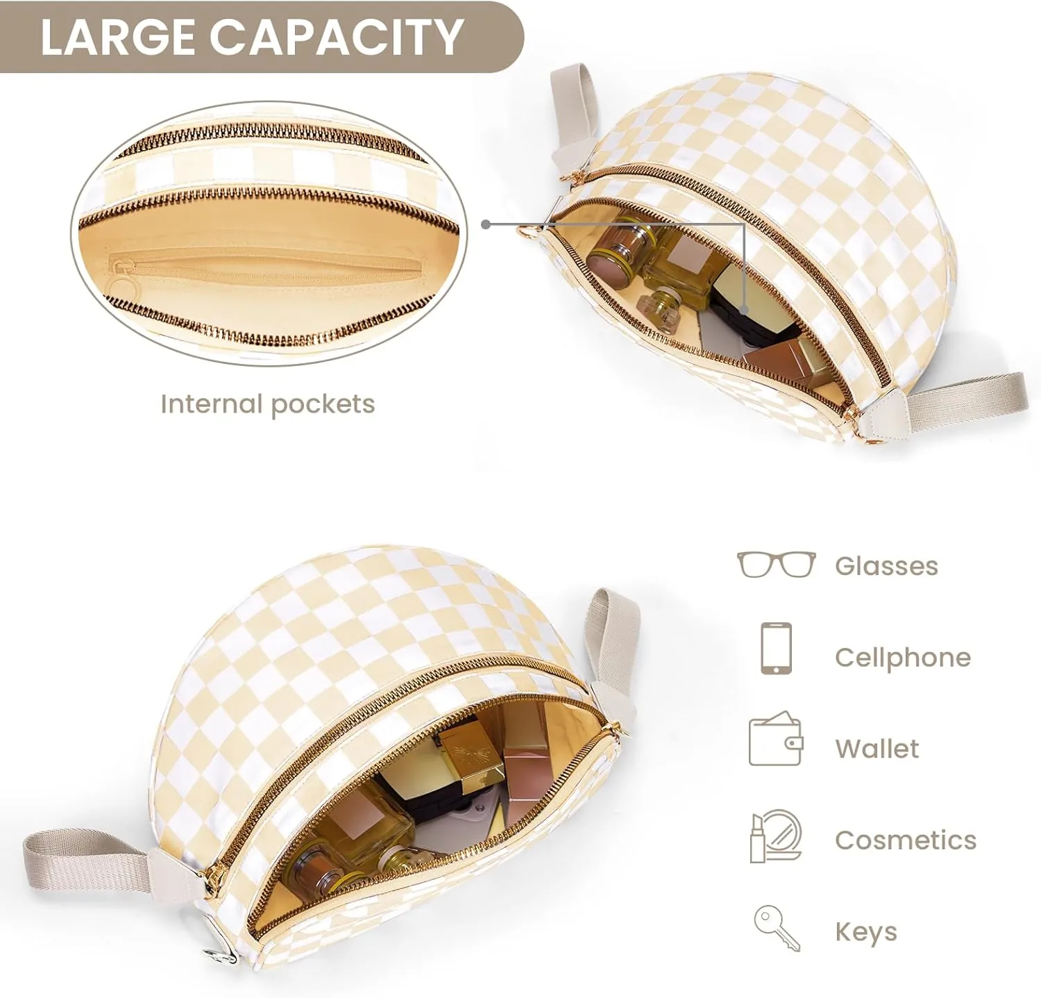 Nylon Crossbody Bag for Women,Checkered Bum Bag Checkered Black and White Handbags Wallets Oversized Slouchy Belt Bag