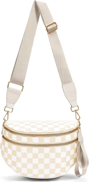 Nylon Crossbody Bag for Women,Checkered Bum Bag Checkered Black and White Handbags Wallets Oversized Slouchy Belt Bag