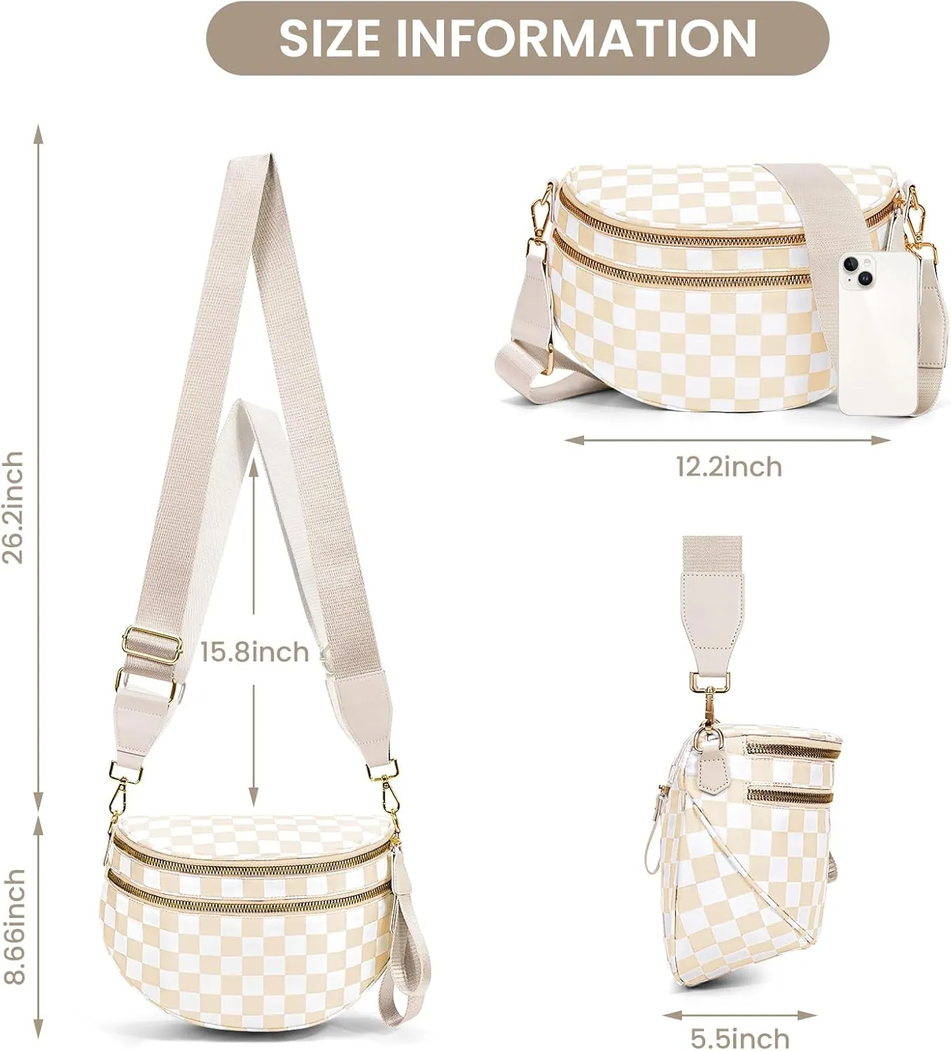 Nylon Crossbody Bag for Women,Checkered Bum Bag Checkered Black and White Handbags Wallets Oversized Slouchy Belt Bag