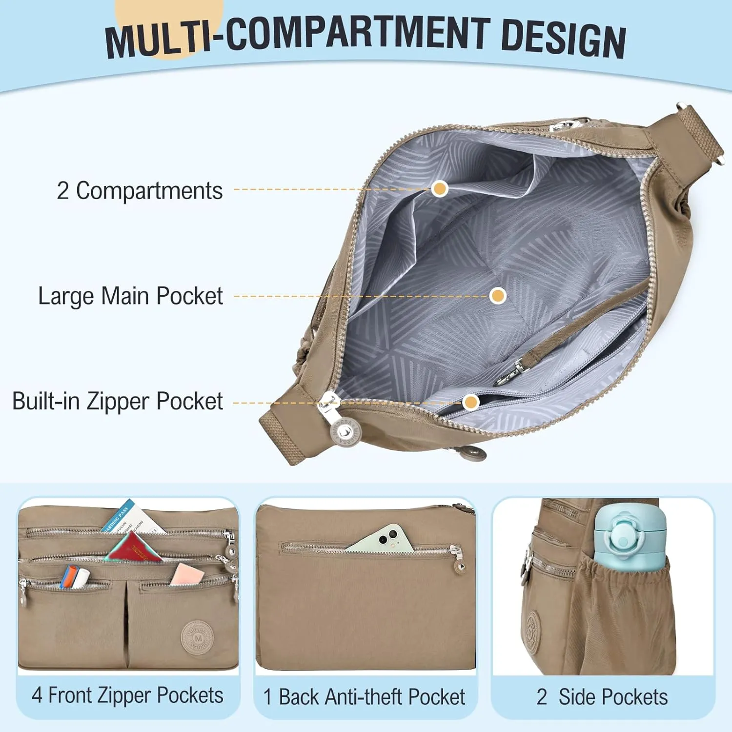 Nylon Crossbody Bags for Women Waterproof Lightweight Large Travel Purses Multi-Pocket Pocketbooks Shoulder Bag