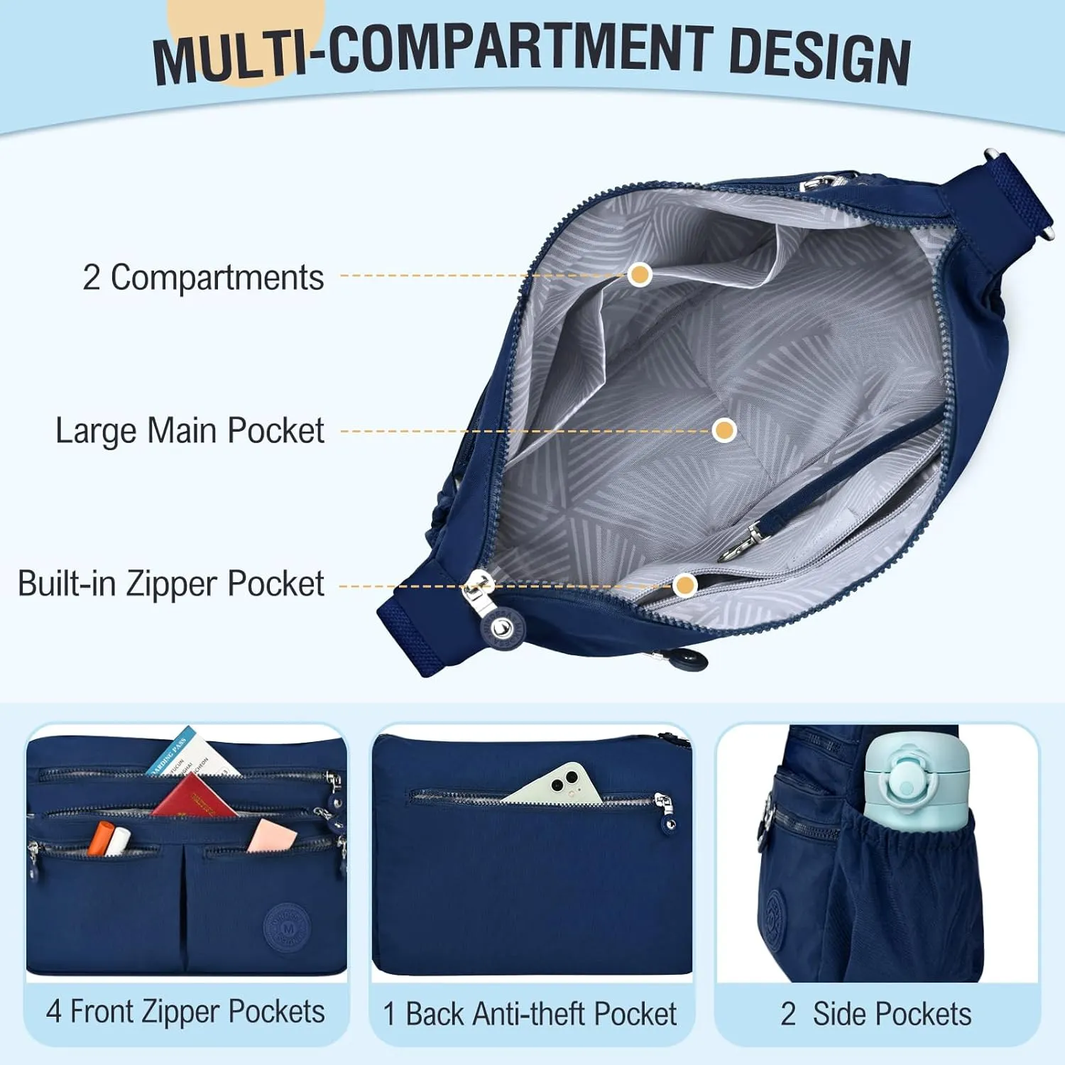 Nylon Crossbody Bags for Women Waterproof Lightweight Large Travel Purses Multi-Pocket Pocketbooks Shoulder Bag
