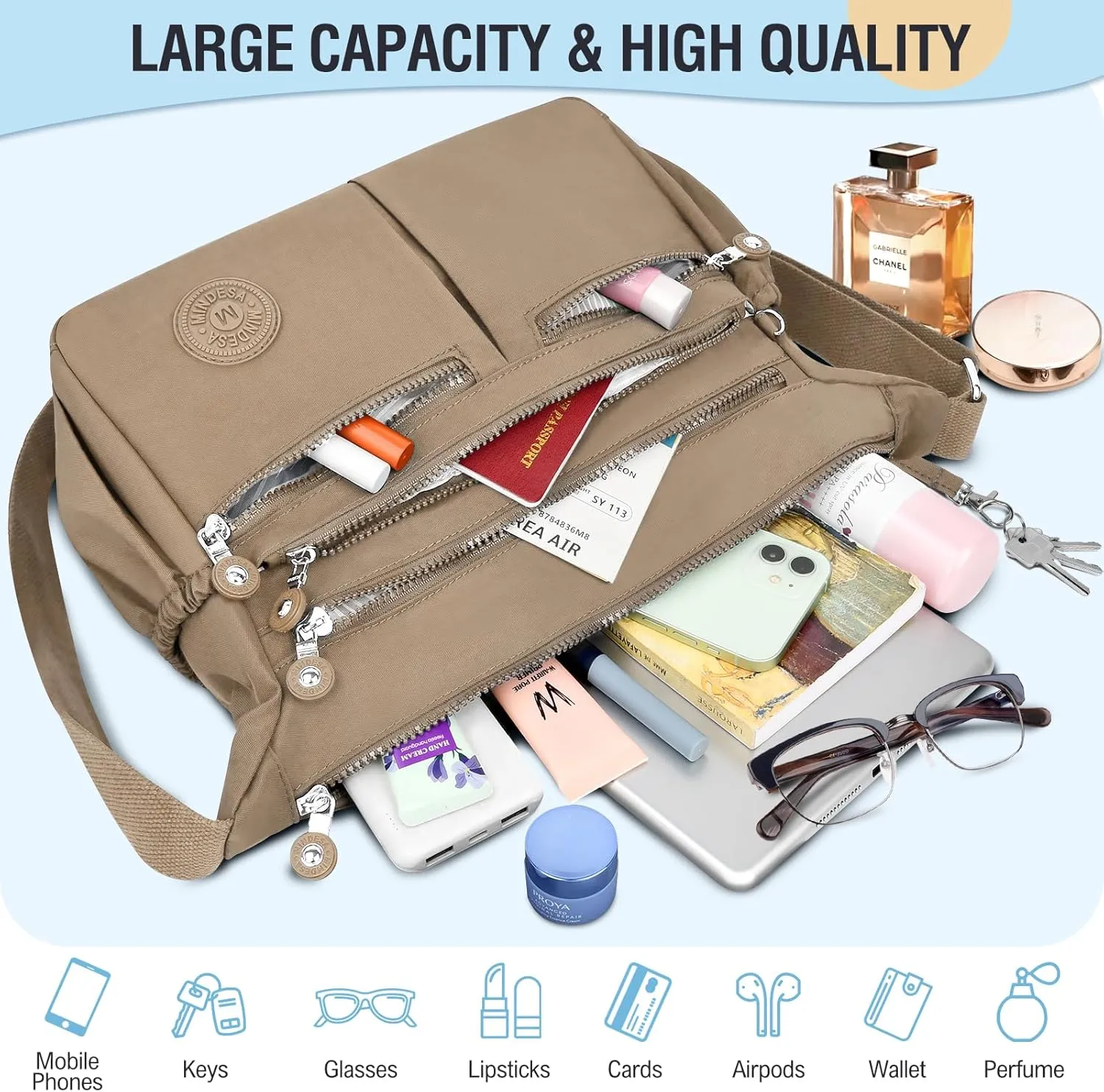 Nylon Crossbody Bags for Women Waterproof Lightweight Large Travel Purses Multi-Pocket Pocketbooks Shoulder Bag