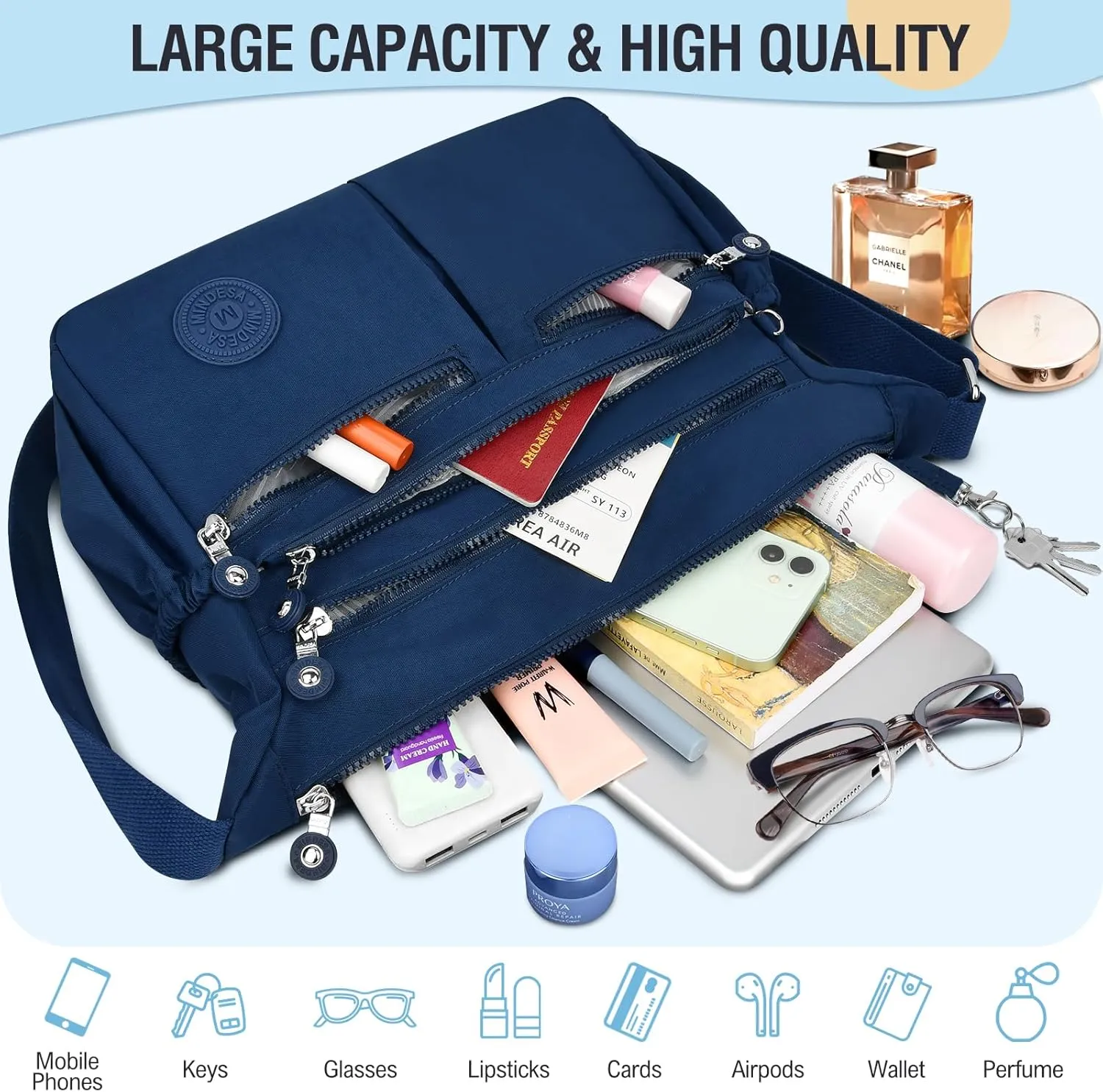 Nylon Crossbody Bags for Women Waterproof Lightweight Large Travel Purses Multi-Pocket Pocketbooks Shoulder Bag