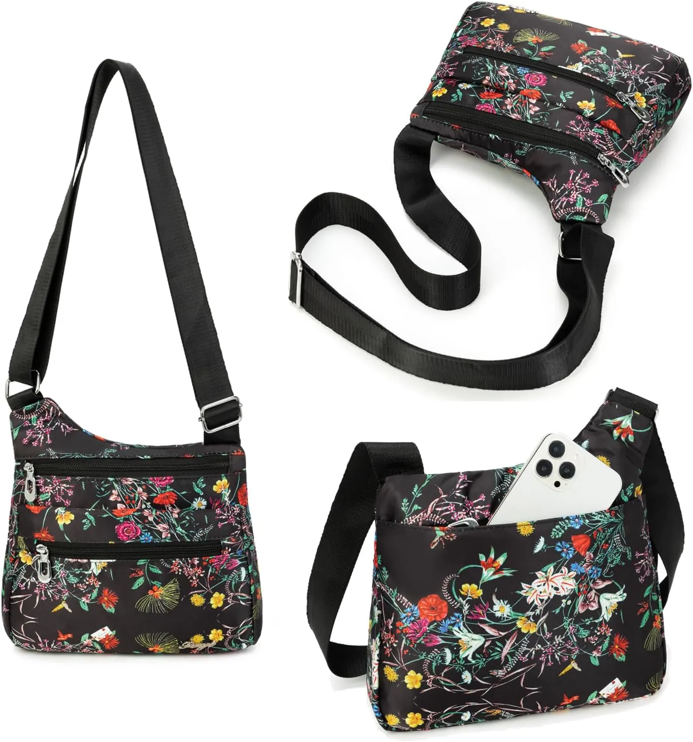 Nylon Floral Multi-Pocket Crossbody Purse Bags for Women Travel Shoulder Bag
