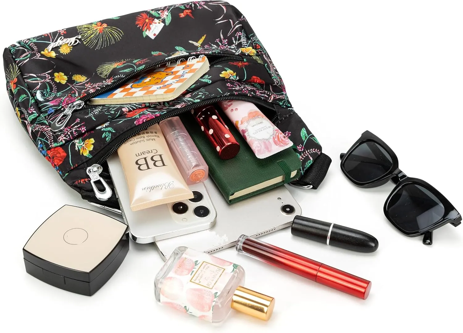 Nylon Floral Multi-Pocket Crossbody Purse Bags for Women Travel Shoulder Bag