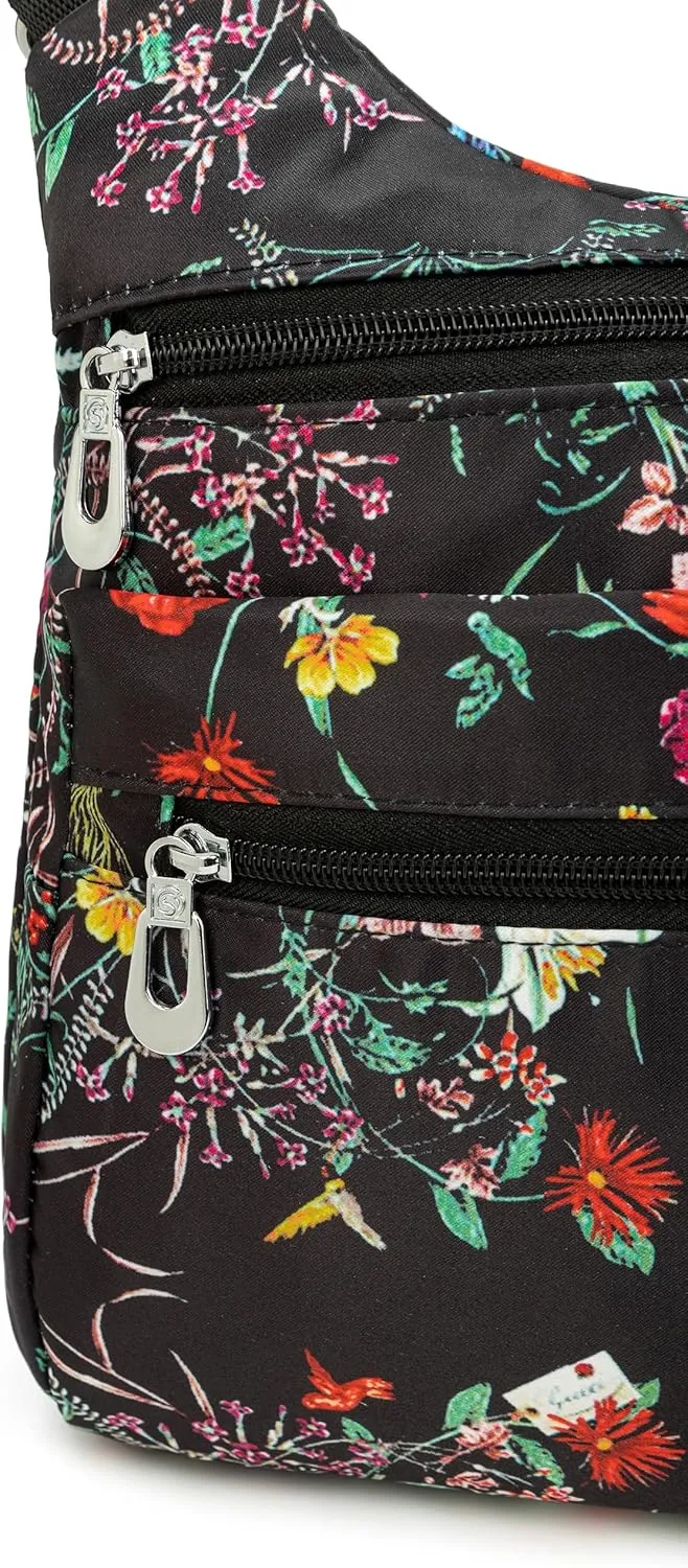 Nylon Floral Multi-Pocket Crossbody Purse Bags for Women Travel Shoulder Bag