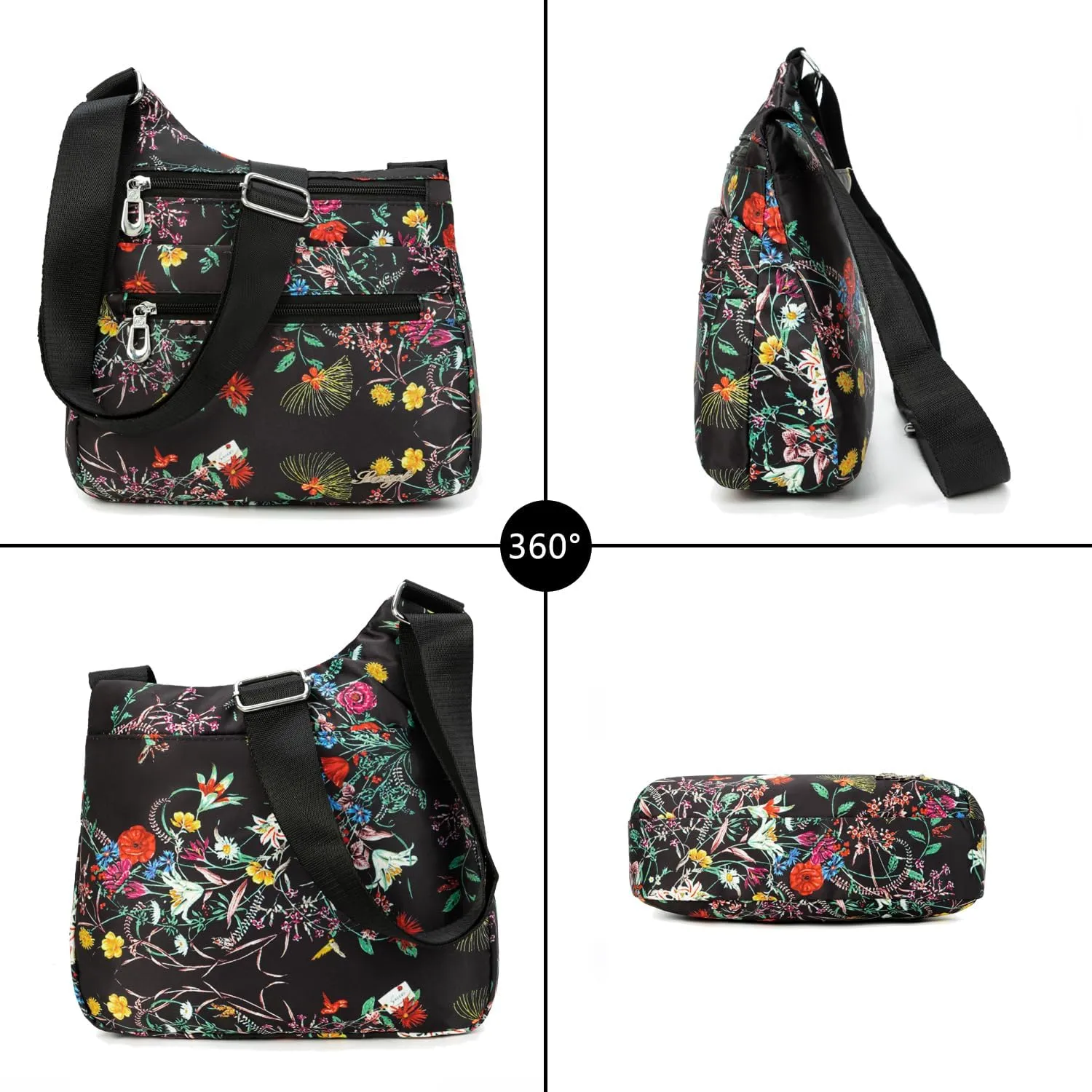 Nylon Floral Multi-Pocket Crossbody Purse Bags for Women Travel Shoulder Bag