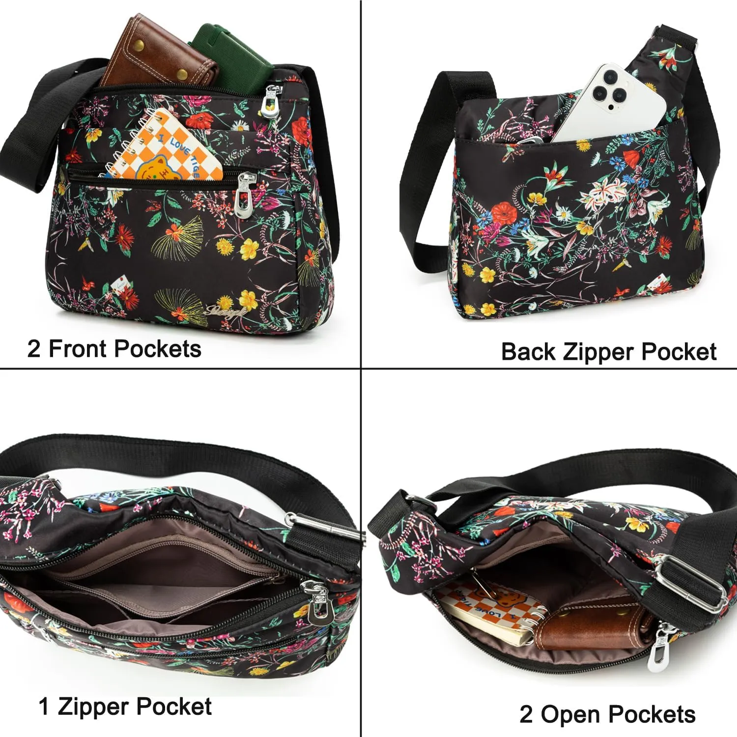 Nylon Floral Multi-Pocket Crossbody Purse Bags for Women Travel Shoulder Bag