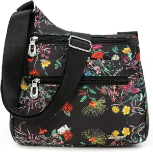 Nylon Floral Multi-Pocket Crossbody Purse Bags for Women Travel Shoulder Bag